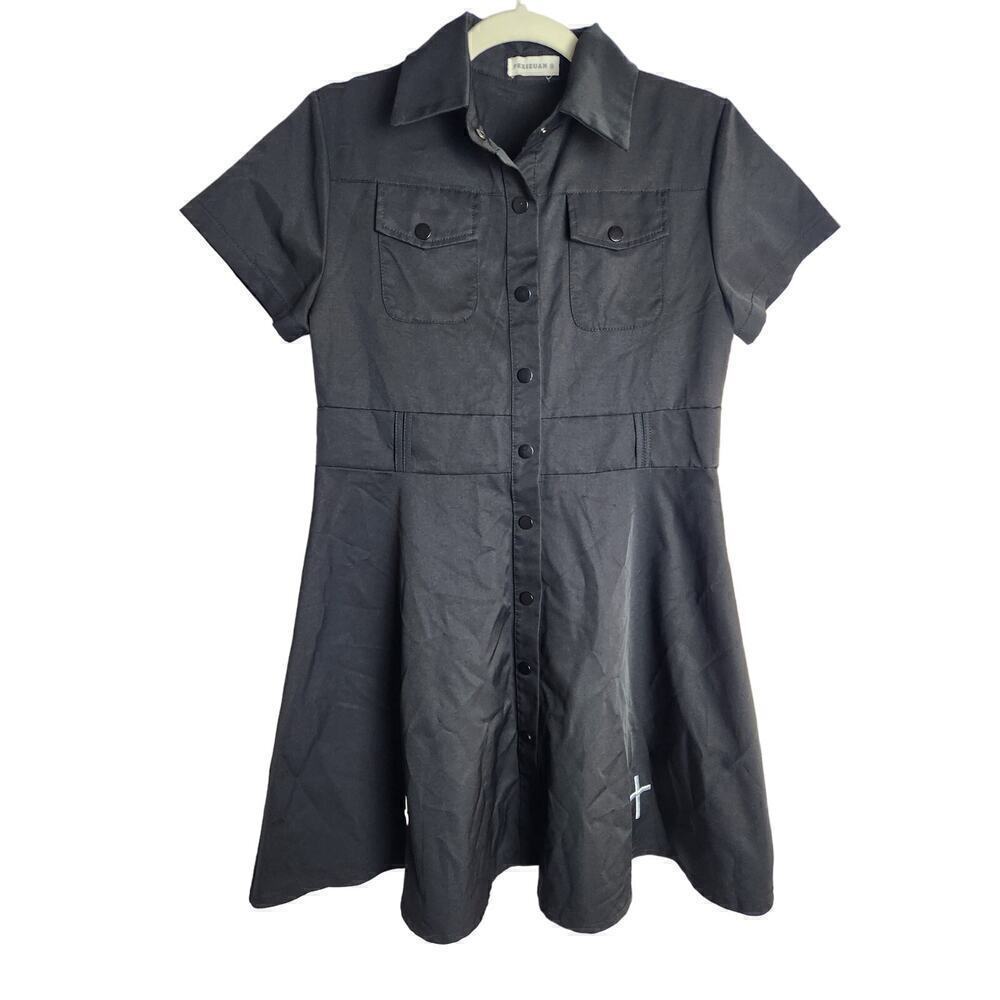 Snap front womens dress measures M cross, goth emo grunge nun missing straps